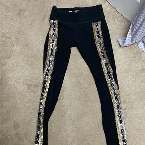 Victoria’s Secret pink bli Black Leggings with Gold & Silver Sequin Side Stripes